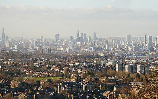 Skyline of London covered in pollution